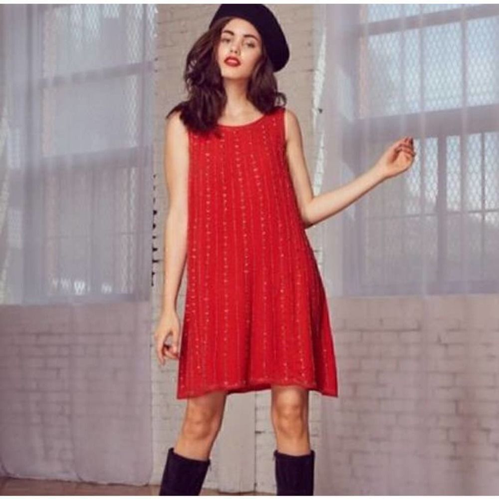NWT Lost + Wander Boho Hand Beaded Red Swing Dress Crewneck Sleeveless M